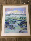 Sally Carlaw, abstract coastal landscape, mixed media, signed bottom left, (49cm x 39cm)