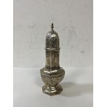 A 1908 Sheffield silver sugar castor, measures 16cm high, weighs 121 grammes