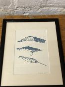 Manna Piper, humpback whale and narwhal, screen print, signed bottom right, (17cm x 12cm)