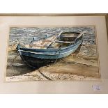 Alex Stobie, Willie's Salmon Boat, watercolour, signed bottom right, paper label verso, (33cm x