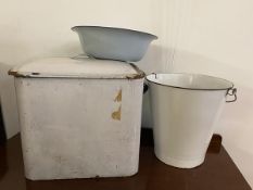 A group of enamel ware including bread bin,