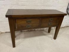 A modern Chinese style stained pine side table the rectangular top over two double height drawers