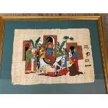 A painted textile panel depicting Jesus entering Jerusalem on Palm Sunday, framed, (31cm x 43cm)