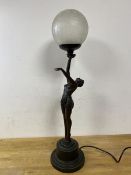 An Art Deco style table lamp in the form of a lady holding a frosted circular shade, composition,