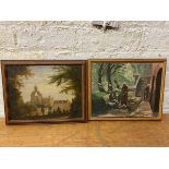 Victorian School, church in town, oil, (23cm x 31cm) and JOS, figures in park, oil (2)