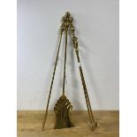 A selection of brass fire tools including tongs, shovel and poker, (71cm high)