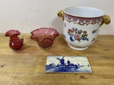 A mixed lot including a cranberry glass water jug