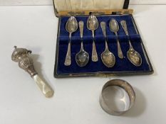 A set of five silver coffee spoons, (11cm), and another smaller spoon, a