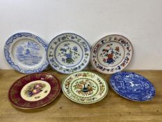 Two Royal Worcester china plates with chinoiserie pattern, one blue and green, the other red and