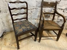 A 19thc mahogany dining chair with pierced ladder back, drop in upholstered seat on square