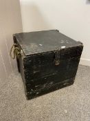 A mid 20thc crate painted black with rope handles to sides, interior with broad arrow and
