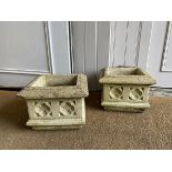 A pair of composition planters of square form with moulded edge, quatrefoil decorated friezes on