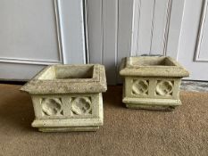 A pair of composition planters of square form with moulded edge, quatrefoil decorated friezes on