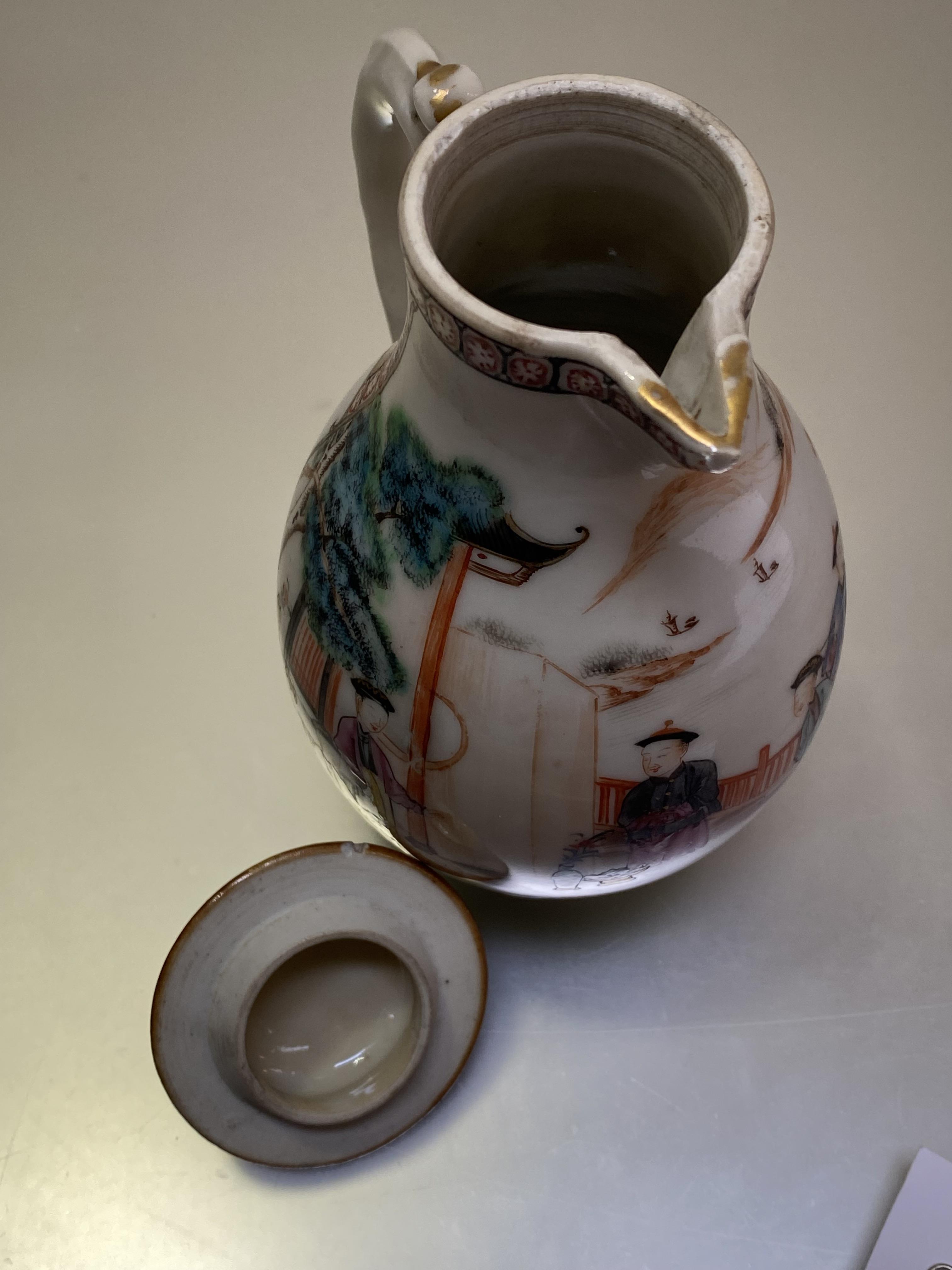 A Chinese famille rose porcelain sparrow-beak jug and cover, late 18th century, the domed cover with - Image 3 of 3