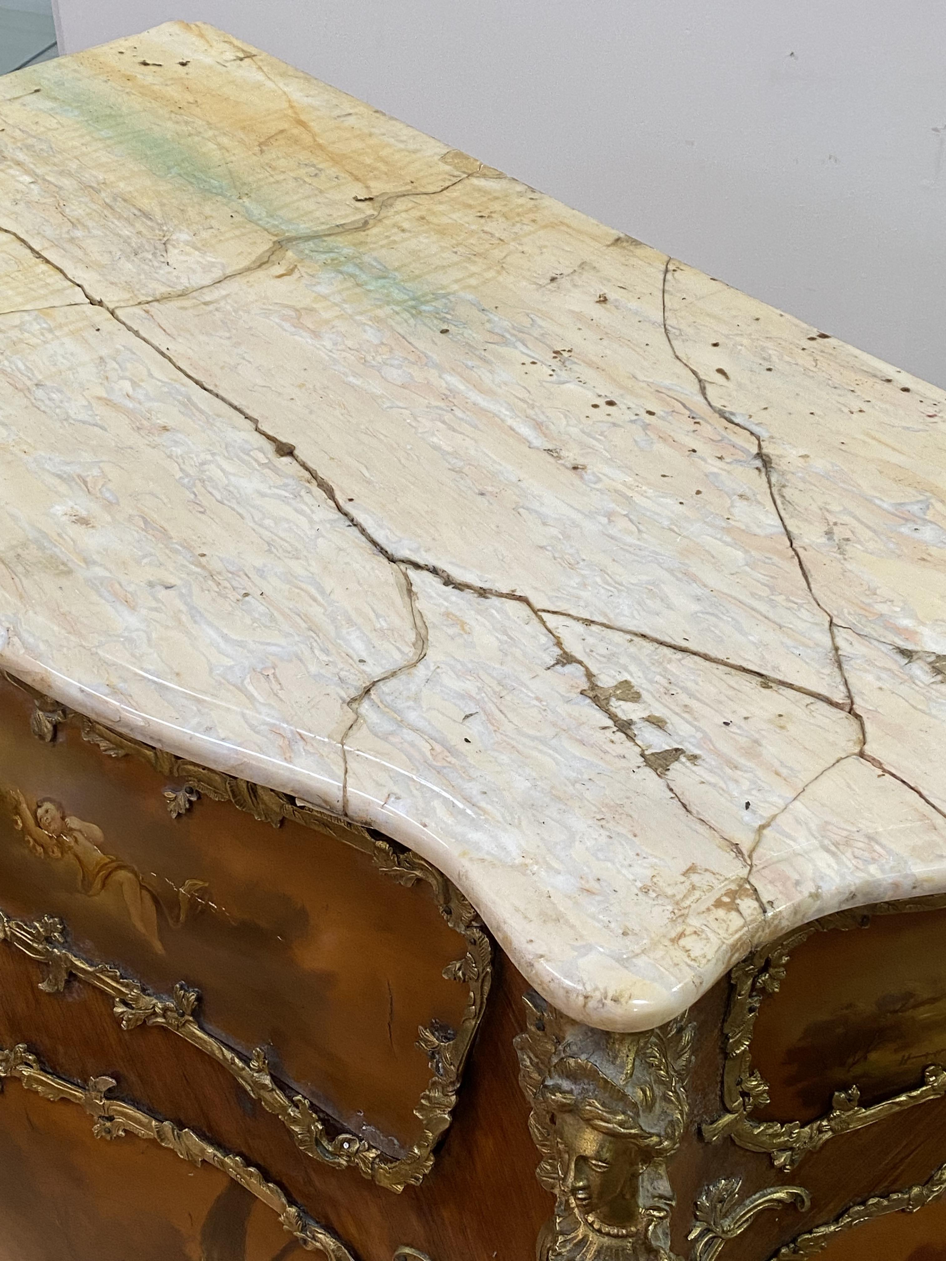 A monumental late 19th century French Kingwood bombe commode, the moulded marble top of serpentine - Image 4 of 8