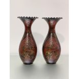 A pair of large Satsuma pottery vases, late 19th century, of baluster form, with everted frilly rim,