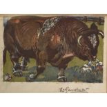 William Gardner (Scottish, 20th Century), Study of a Bull, signed in pencil, coloured lino-cut,