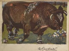 William Gardner (Scottish, 20th Century), Study of a Bull, signed in pencil, coloured lino-cut,