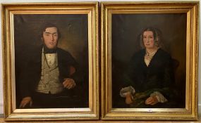 English Naive School, third quarter 19th century, a Pair of Portraits of a Lady and Gentleman,