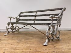 A Coalbrookdale style Serpent and Grapes pattern cast aluminum garden bench, mid 20th century, the