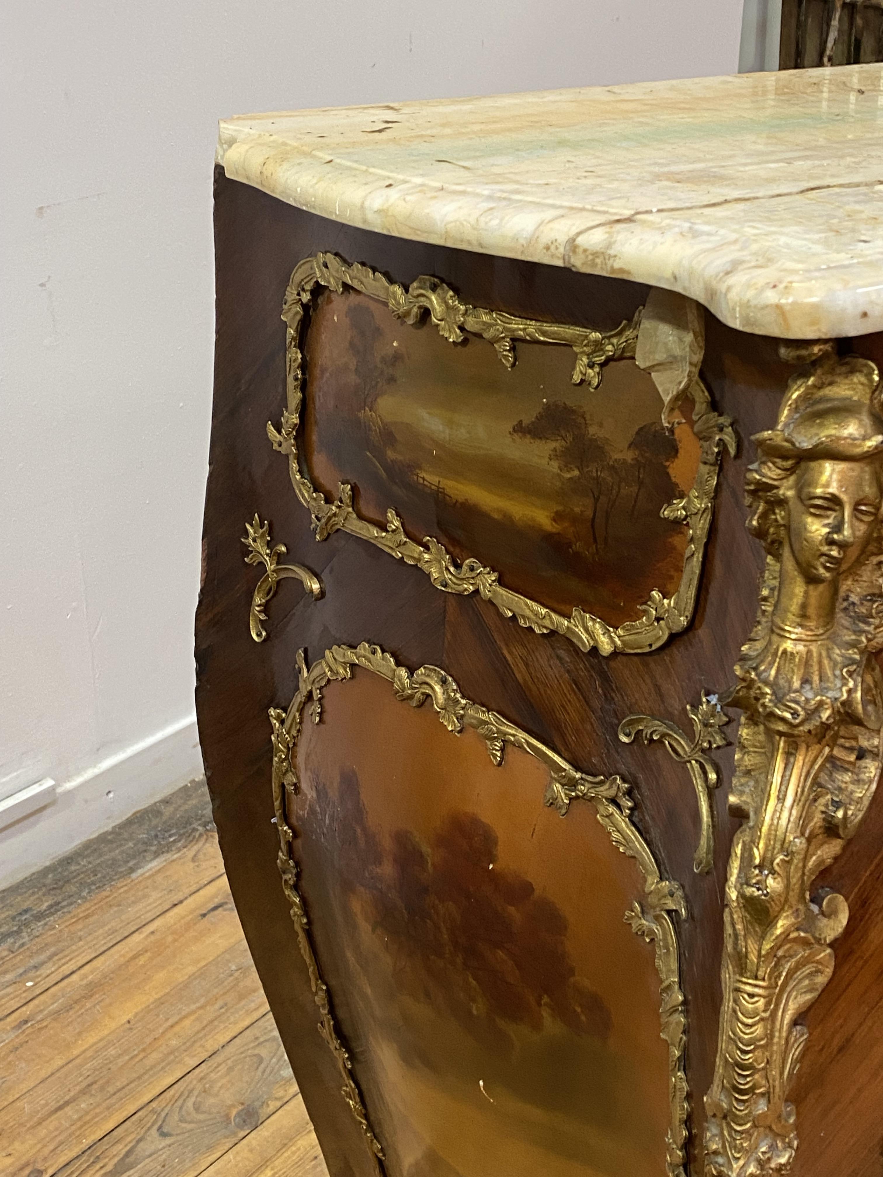 A monumental late 19th century French Kingwood bombe commode, the moulded marble top of serpentine - Image 5 of 8