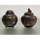 A Japanese cloisonne enamel jar and cover, Meiji period, of shaped spherical form, the domed cover