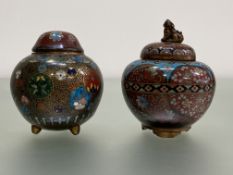 A Japanese cloisonne enamel jar and cover, Meiji period, of shaped spherical form, the domed cover