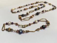 A 9ct gold multi-stone and freshwater pearl necklace with bracelet en suite, each formed of fluted