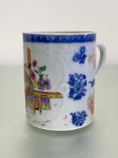 A Chinese Export porcelain tankard, c. 1800, of cylindrical form, painted with a famille rose