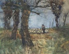 James Miller Brownlie (Scottish, fl. c. 1900), A Shepherd and his Flock, signed lower right,