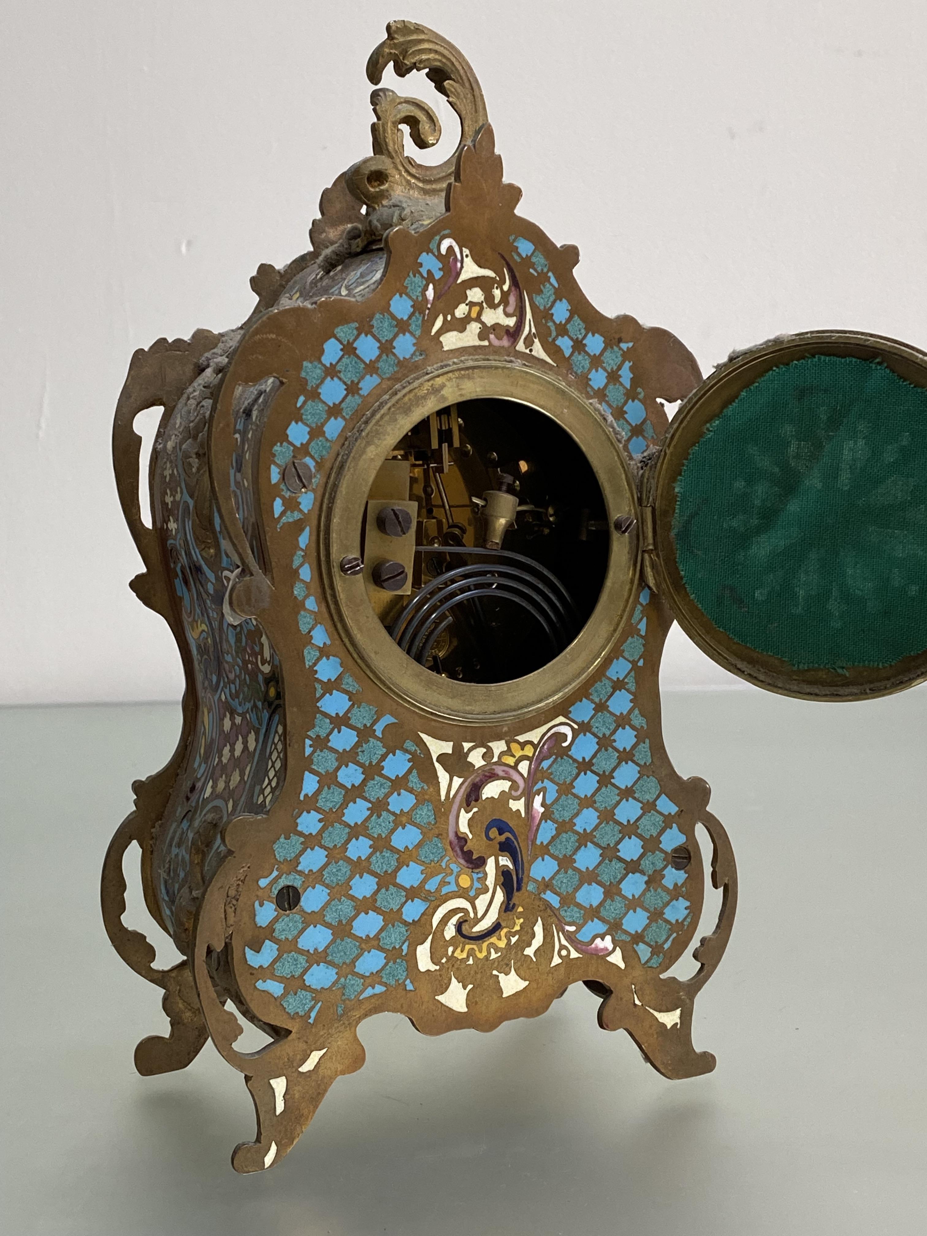 A French gilt-metal mounted champleve enamel mantel clock, mid-19th century, in the Rococo taste, - Image 2 of 3