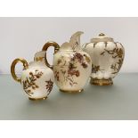 A group of Royal Worcester blush ivory, c. 1900, comprising: a jar and cover, of lobed ovoid form,
