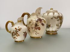 A group of Royal Worcester blush ivory, c. 1900, comprising: a jar and cover, of lobed ovoid form,