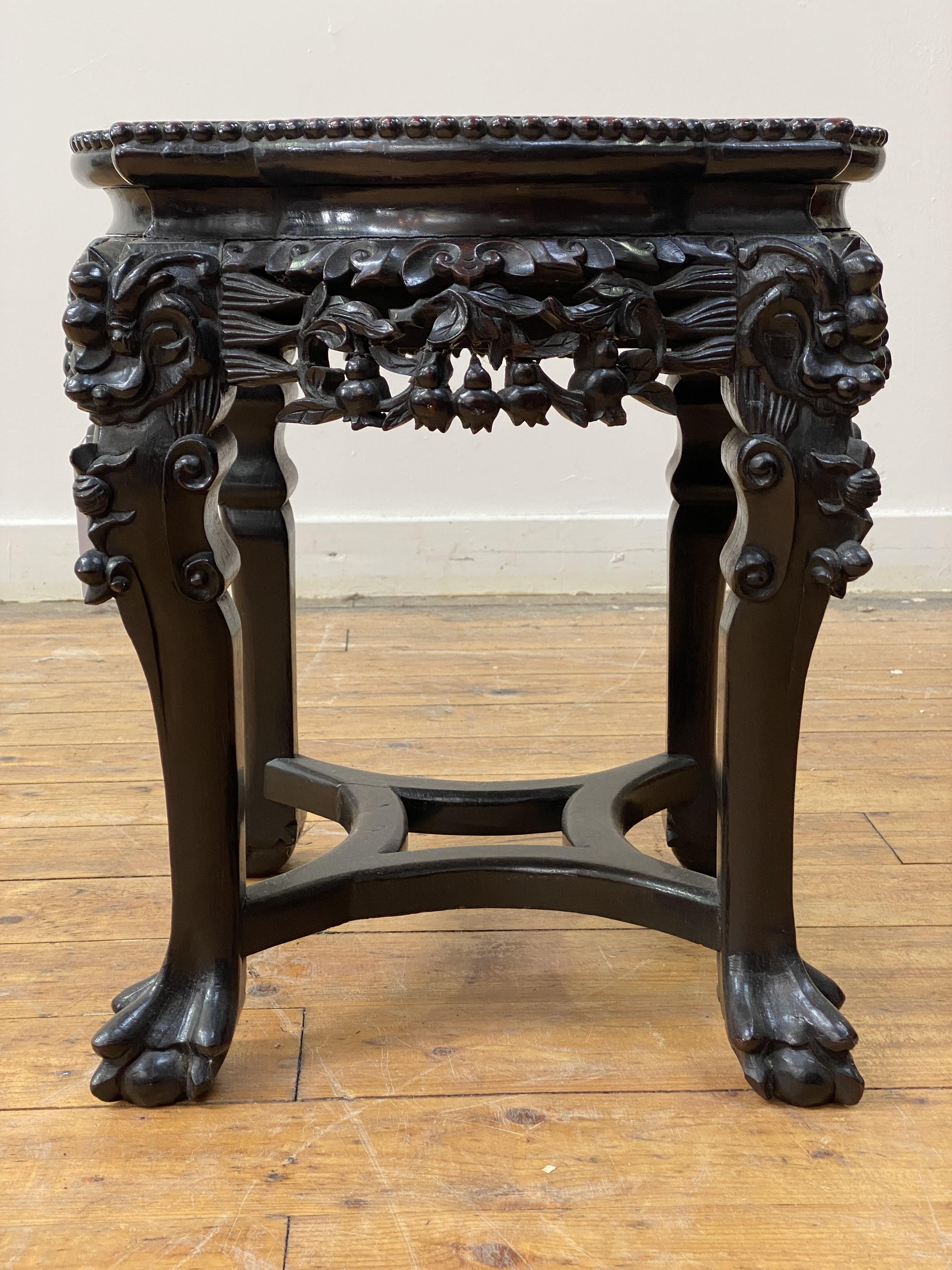 A late 19th century Chinese rosewood jardiniere stand, the top inset with breche violette marble - Image 3 of 3