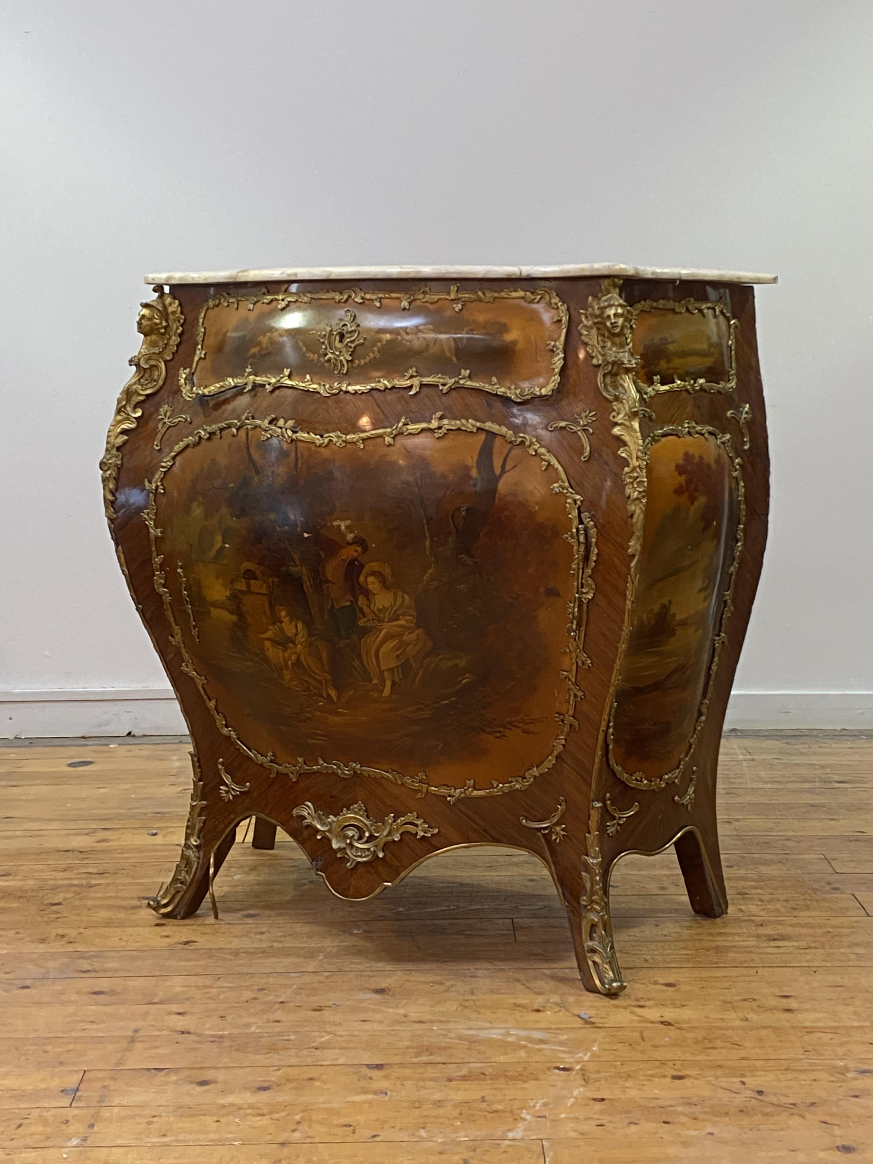 A monumental late 19th century French Kingwood bombe commode, the moulded marble top of serpentine - Image 2 of 8