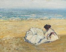 •Geoffrey Roper (Scottish, 1942-2020), White Parasol, oil on canvas, signed label verso "Geoffrey
