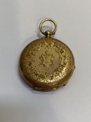 A Swiss 14ct gold lady's fob watch, c. 1900, the gilt dial and chapter ring with Roman numerals,