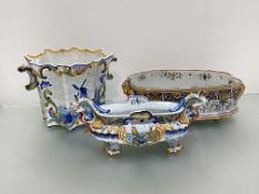Three French faience planters, late 19th century, Quimper (Mosanic) and other factories: the first
