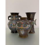 Three Chinese patinated bronze and enamel vessels in the Archaic style, comprising: a baluster