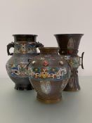 Three Chinese patinated bronze and enamel vessels in the Archaic style, comprising: a baluster