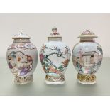 Three Chinese porcelain famille rose tea caddies, late 18th century, one of shaped ovoid form