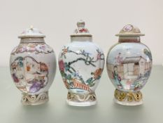 Three Chinese porcelain famille rose tea caddies, late 18th century, one of shaped ovoid form