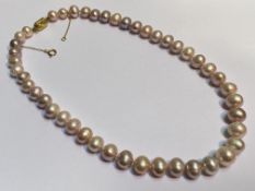A graduated single strand cultured pearl necklace, of pink lustre, round and bouton shapes, on a 9ct