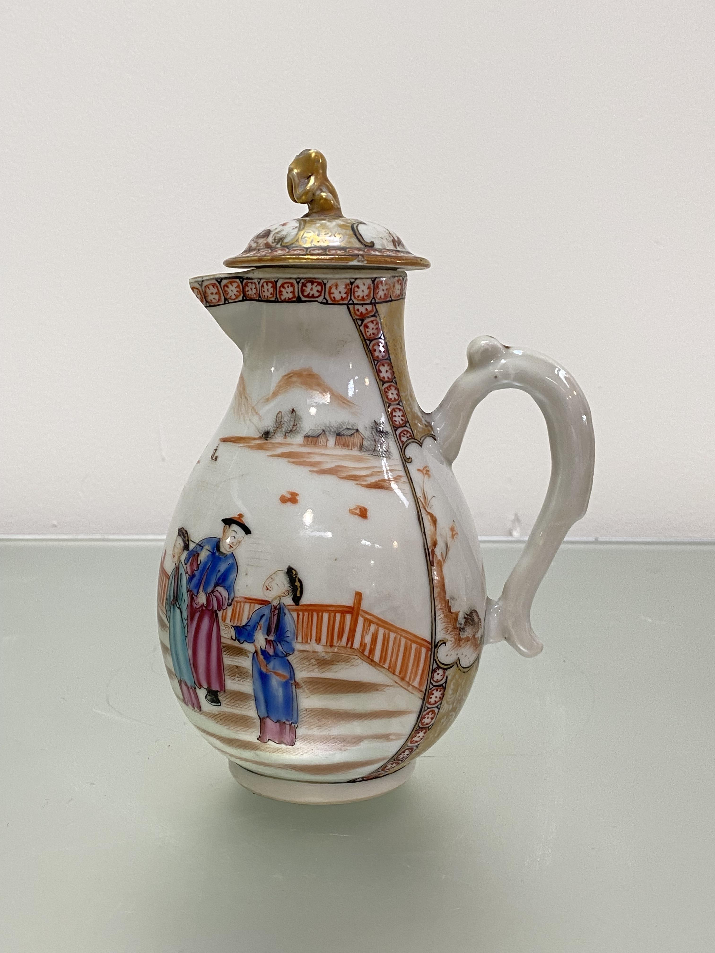 A Chinese famille rose porcelain sparrow-beak jug and cover, late 18th century, the domed cover with