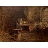 Pollok Sinclair Nisbet (Scottish, 1848-1922), The Smithy, signed lower right, oil on canvas, framed.