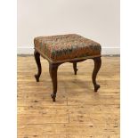 A Victorian rosewood footstool, the square top covered in later fabric above a serpentine apron,