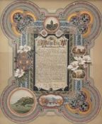 An Edwardian illuminated testimonial, dated 1907, the central text panel within a border elaborately
