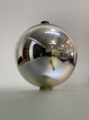 A silvered mercury glass witch's ball, with copper collar and suspension loop. Diameter c. 24cm