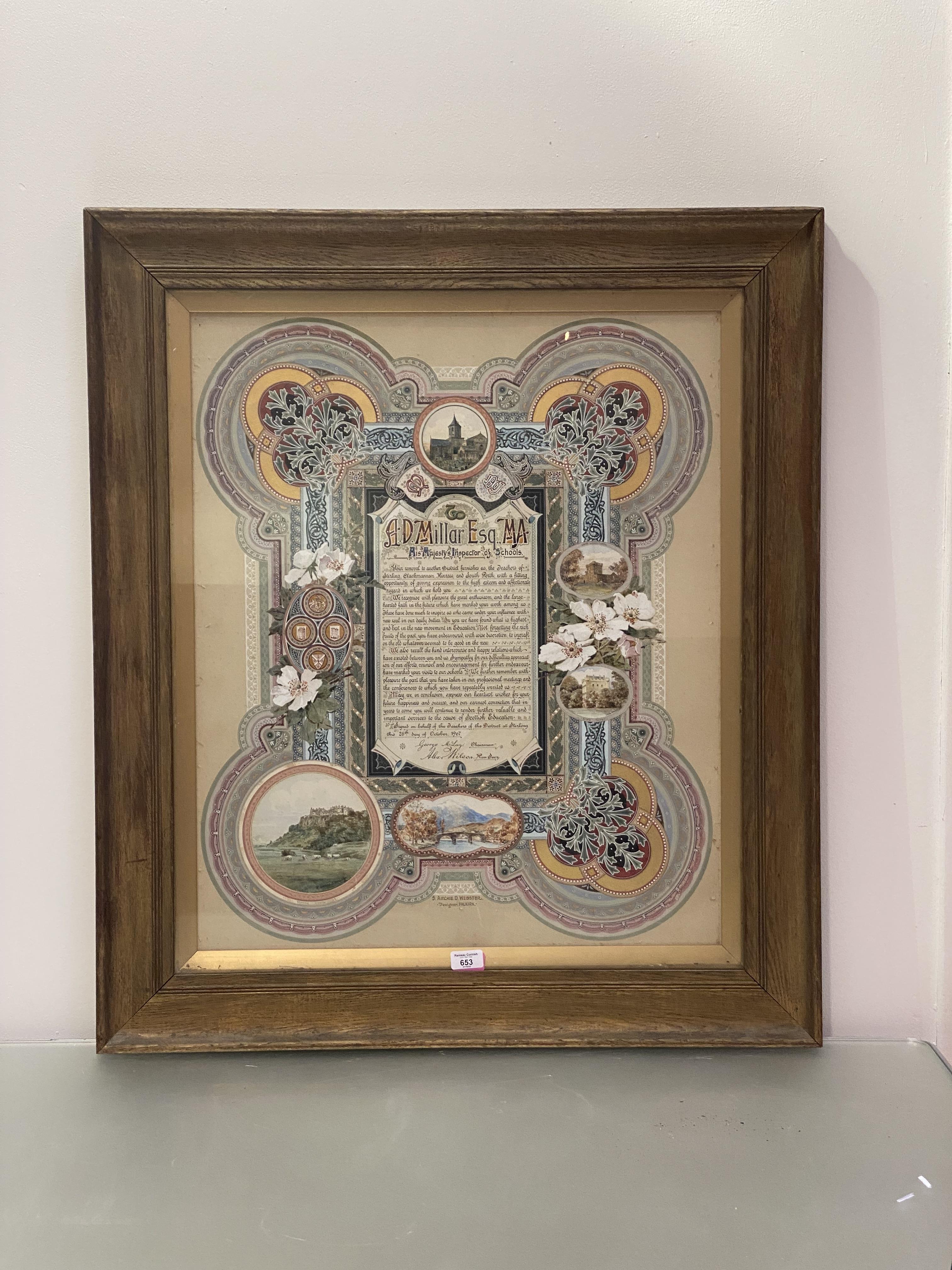 An Edwardian illuminated testimonial, dated 1907, the central text panel within a border elaborately - Image 2 of 2