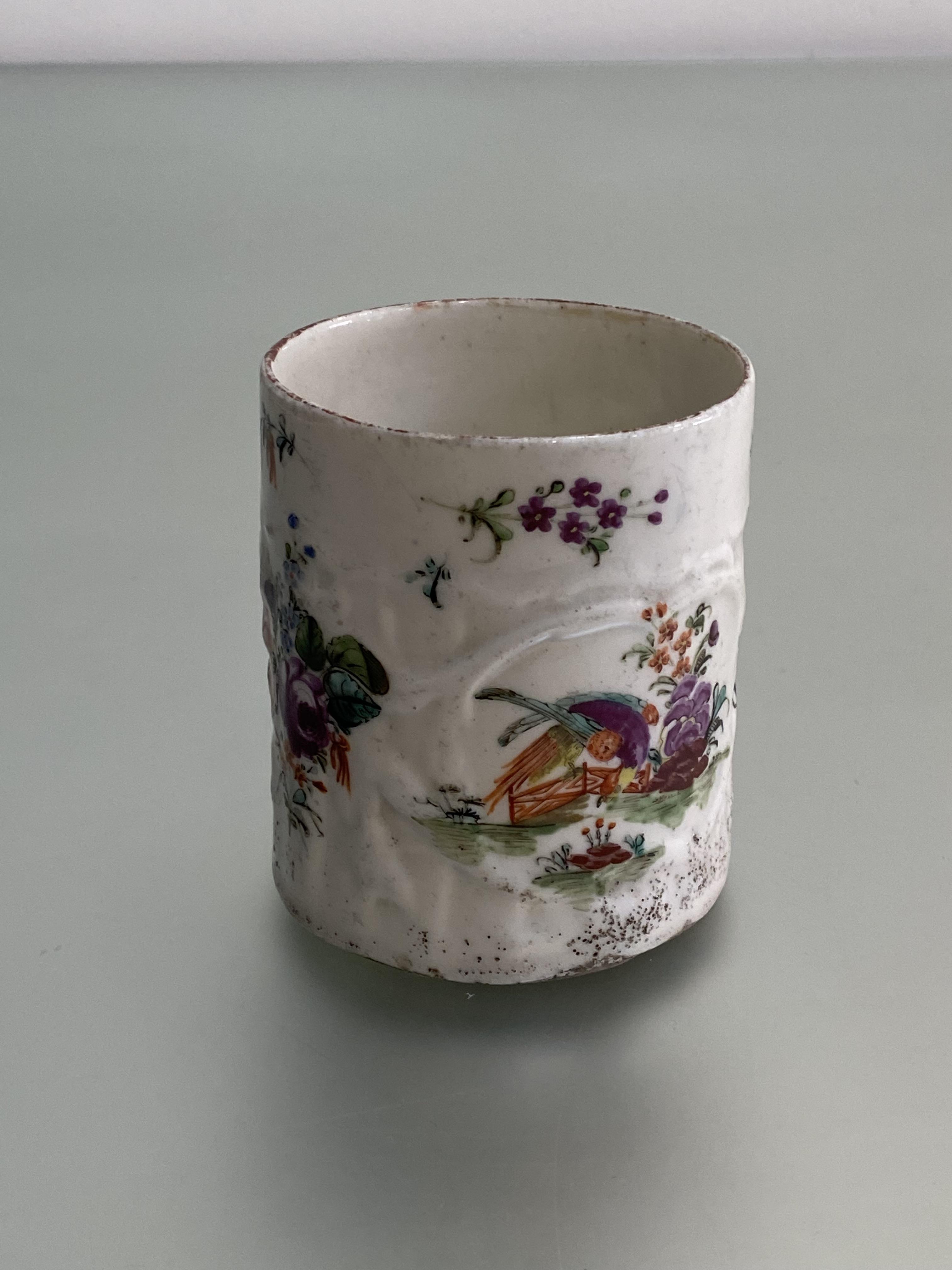 A rare West Pans porcelain mug, c. 1770, of cylindrical form, moulded with scrolling foliage and - Image 3 of 4